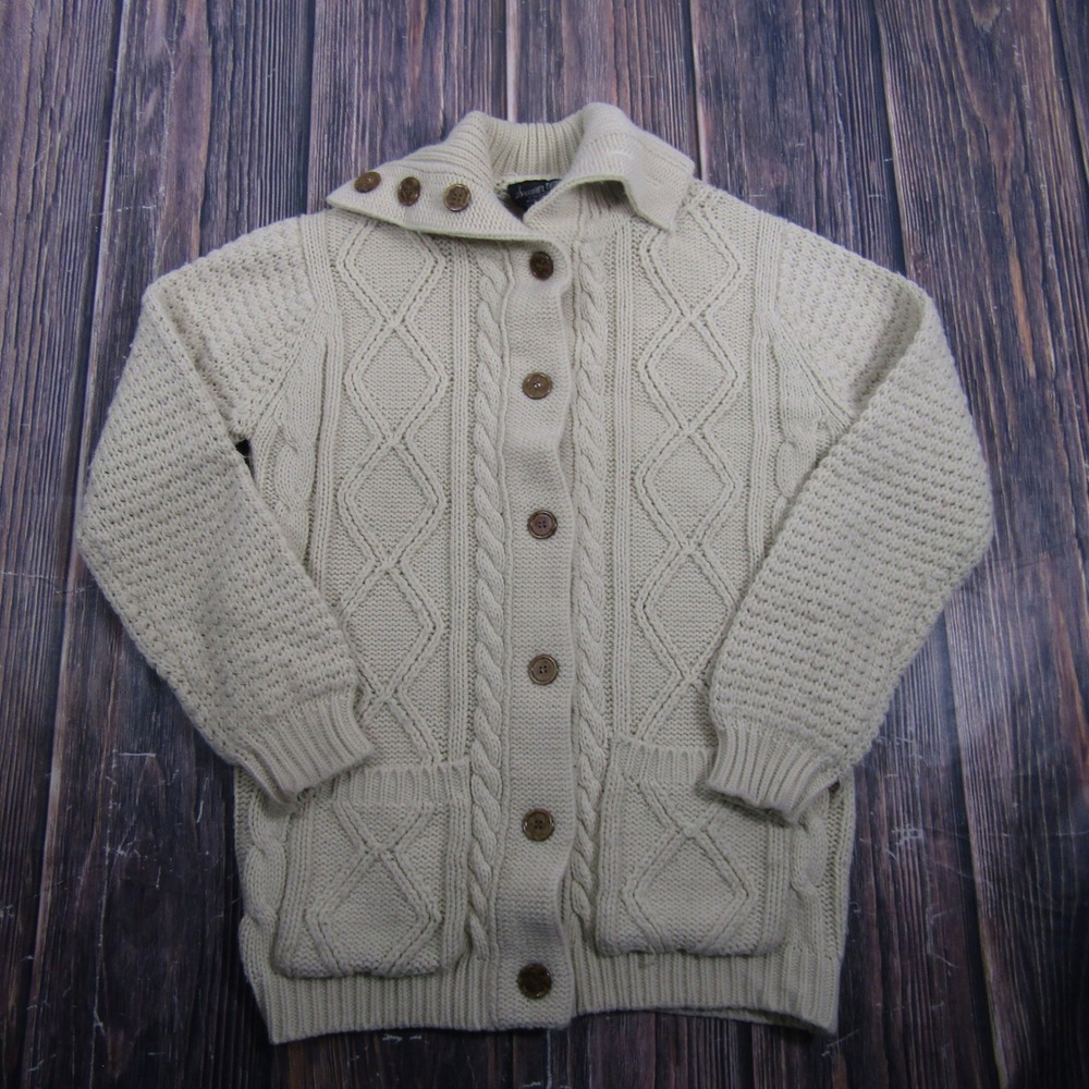 Sweater Girl Cardigan Women M Cream Cable Knit Button Up Vintage Chunky Sweater